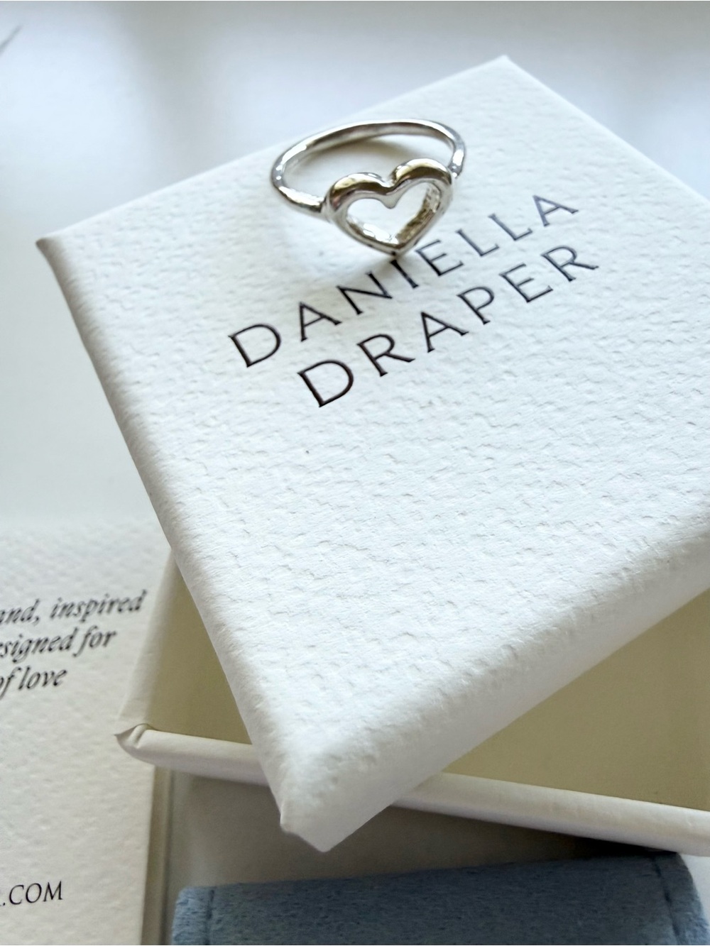 Daniella Draper Silver Open Heart Ring with Light Blue Pouch- Sterling silver